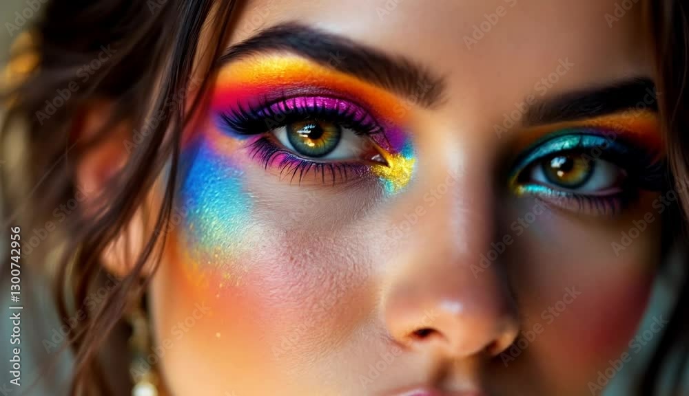 Mujer guapa maquillada con colores vivos y brillantes para carnaval