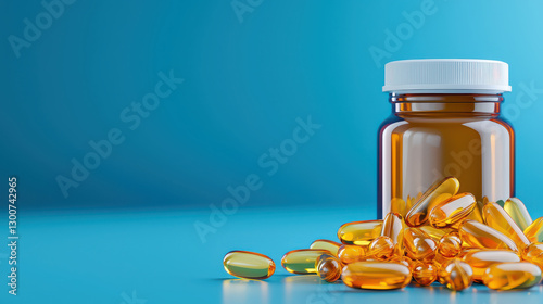 bottle of glossy, golden fish oil capsules is displayed against blue background, highlighting their health benefits