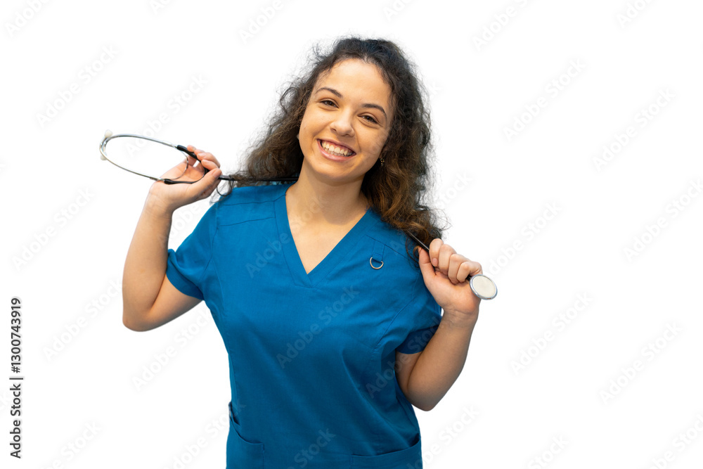 Young smiling doctor or nurse holding stethoscope on transparent background Young smiling doctor or nurse holding stethoscope on transparent background