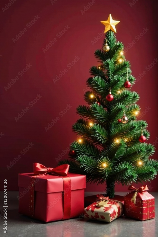 Simple Christmas tree next to wrapped present , winter, decor