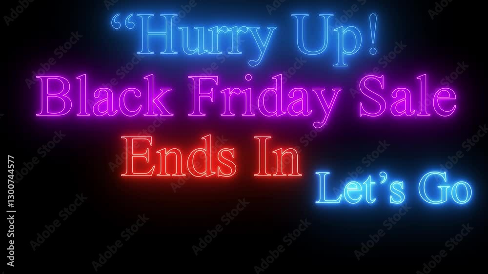 Vibrant neon text animation displaying a discount countdown message. ideal for seles promotions, balck feiday , and holiday affers.4k video