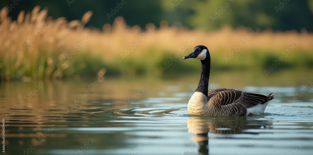 Goose paddles across lake, reeds in background, outdoor, swimming Goose paddles across lake, reeds in background, outdoor, swimming