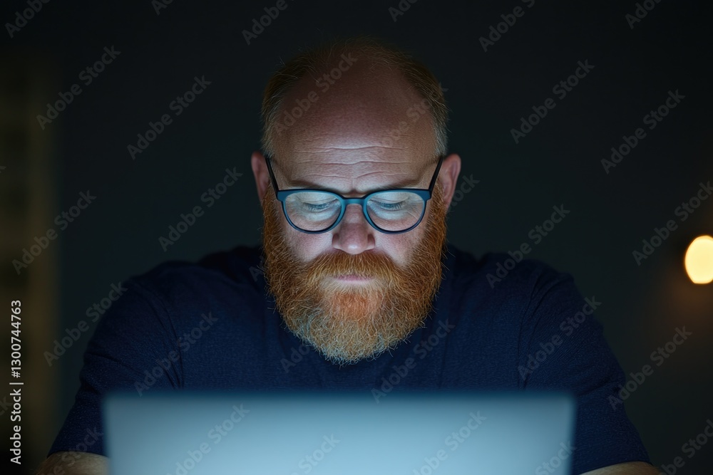 Focused individual engaged with laptop in dimly lit environment, Focused individual engaged with laptop in dimly lit environment,