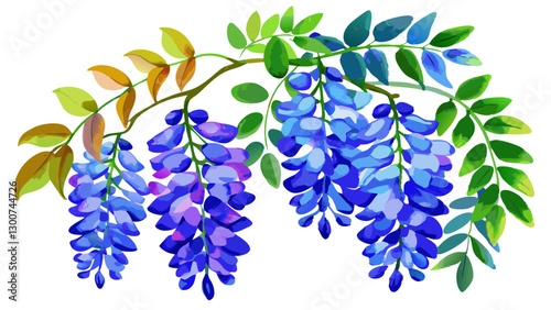 Blue Wisteria Flowers Watercolor Illustration on White or Transparent Background. Perfect for: Romantic Occasions, Spring Festivals, Weddings