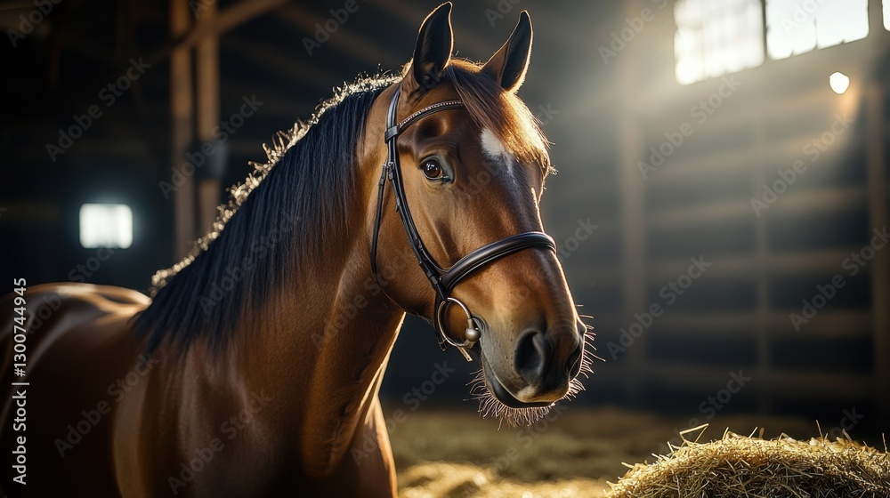 Fototapeta premium Majestic brown horse standing in a rustic barn with warm, soft lighting during the late afternoon