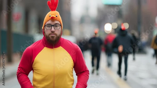 Man in Turkey Costume Jogging on Street During Thanksgiving Day Parade with Blurred Background and Festive Atmosphere