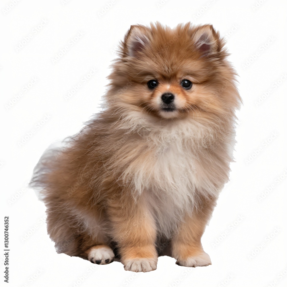Small Fluffy Dog with Brown Coat and Pointed Ears Sitting Isolated on White Background. Small Fluffy Dog with Brown Coat and Pointed Ears Sitting Isolated on White Background.