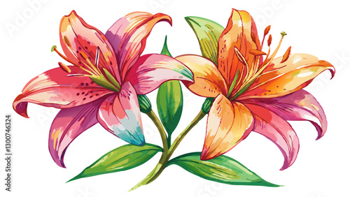 Lily Flowers Watercolor Illustration on White or Transparent Background. Perfect for: Funerals, Easter, Weddings