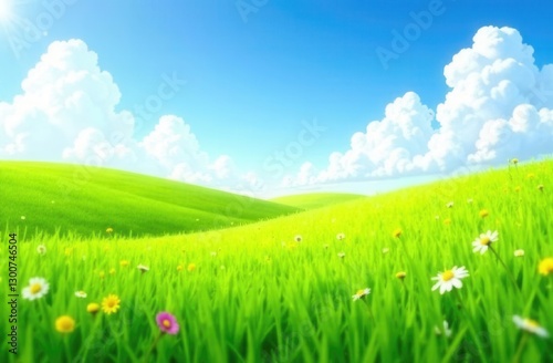 Sunny meadow with flowers under a clear blue sky