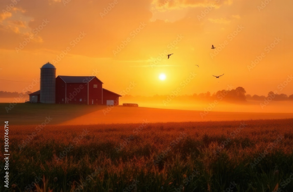 Fototapeta premium Idyllic sunset over red barn and silhouette birds in misty countryside