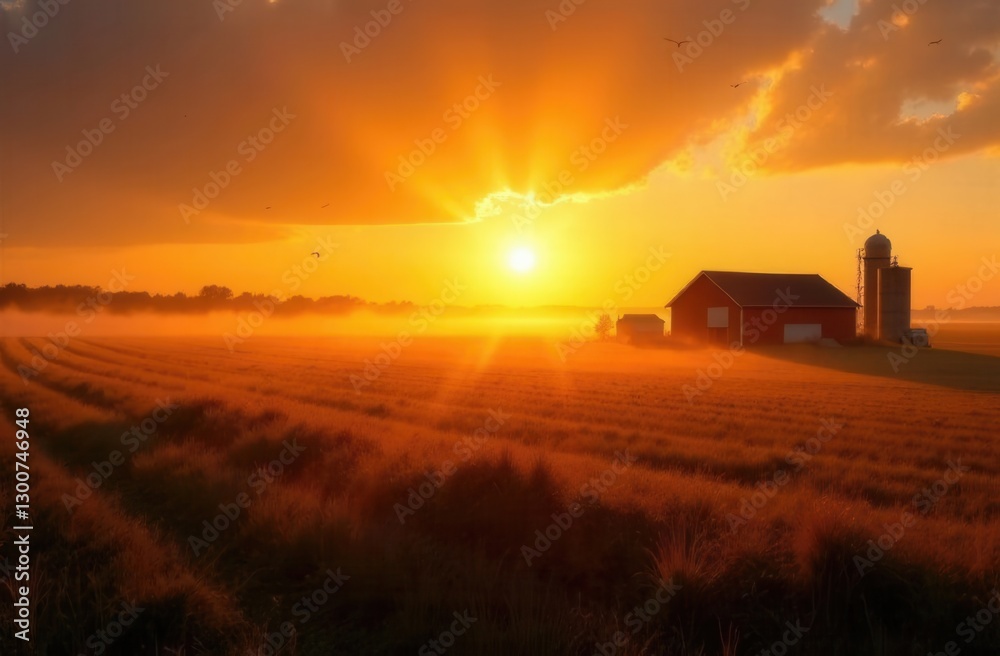 Fototapeta premium Breathtaking sunset over rural farm with silhouette of barn and silo