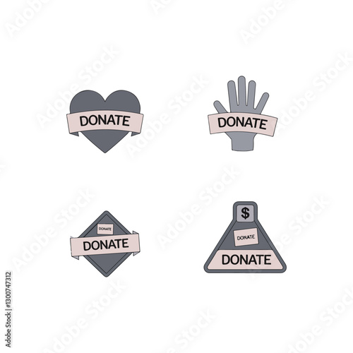 Four Simple Donation Icons for Charity Campaigns.This image features four minimalist, graphic donation icons.