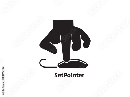 Hand icon illustrating how to set a pointer.A simple, black and white graphic depicts a hand interacting with a computer mouse to set the pointer.