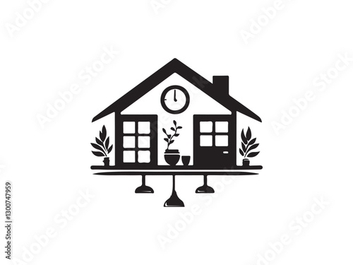 Cozy Home Silhouette Design for Interior Decor.A stylized, black and white silhouette of a small house, perfect for interior decor or home-themed projects.