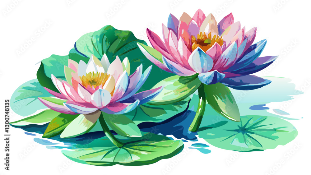 Obraz premium Water Lily Flowers Watercolor Illustration on White or Transparent Background. Perfect for: Meditation Themes, Zen Gardens, Religious Occasions