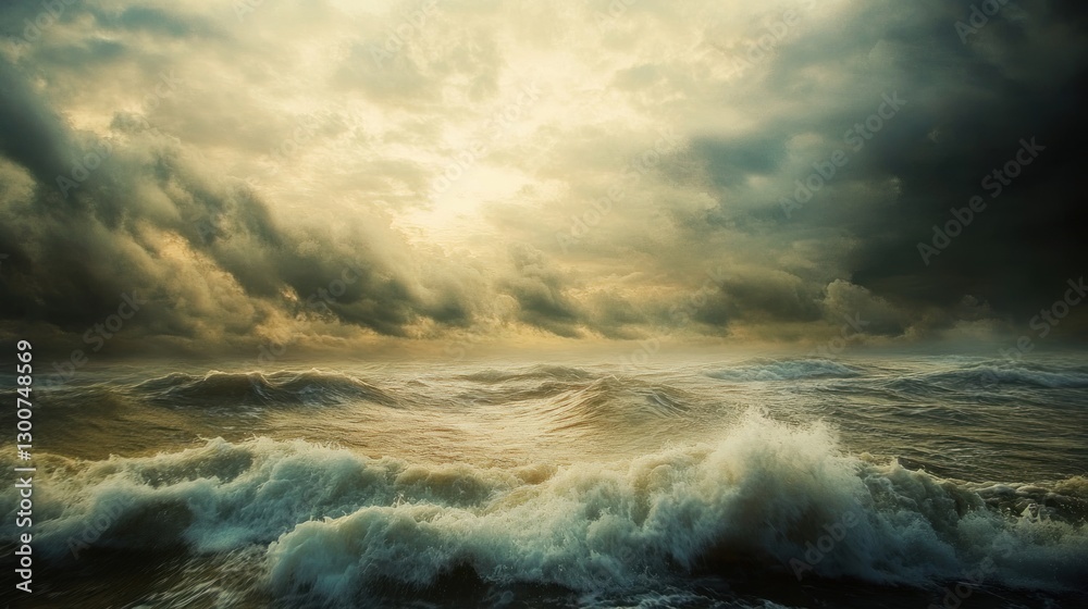 Dramatic Ocean Waves Under a Stormy and Moody Sky at Sunset Dramatic Ocean Waves Under a Stormy and Moody Sky at Sunset
