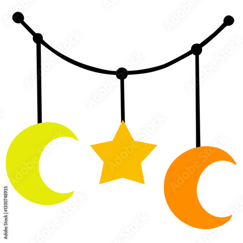 Stars and crescent moon garland decoration. Editable color vector