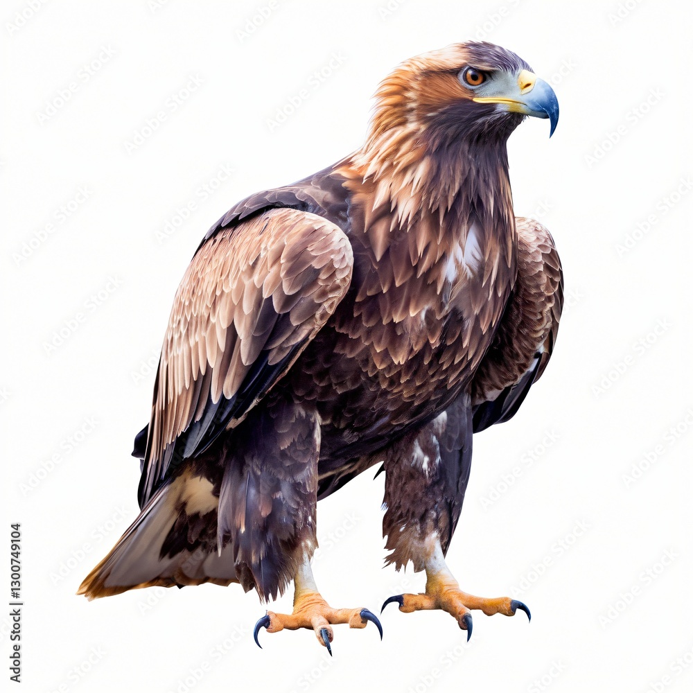 Obraz premium Majestic Eagle with Golden Feathers and Dark Wings Standing Upright Isolated on White Background.