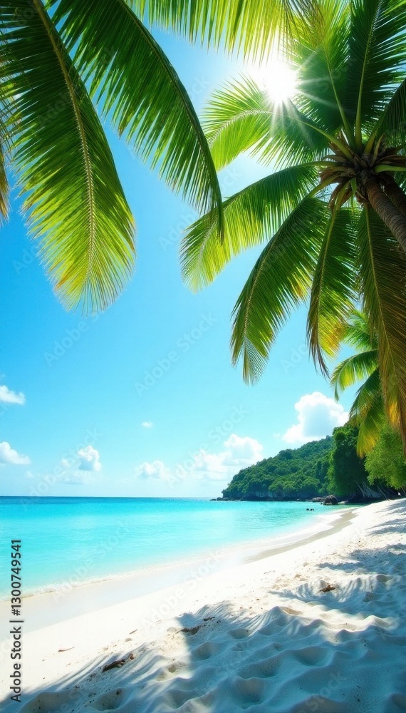 Obraz premium Sun-drenched palms, white sand beach, turquoise sea , vibrant, bright