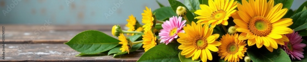 Fototapeta premium Sunflowers and daisies in a hand-tied bouquet , yellow, beautiful