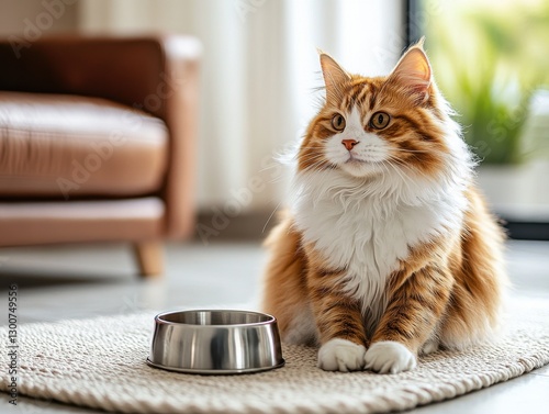 Fluffy orange and white cat sits patiently beside a stainless steel food bowl in a cozy living room during morning sunlight