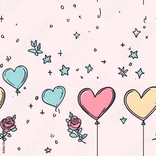 seamless rose heart and balloon pattern, wedding decoration, tile, wallpaper, background