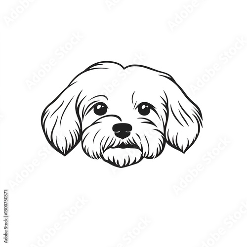 Adorable fluffy dog portrait, minimalist line art style.  A charming canine face, simple yet expressive, on a white background. photo