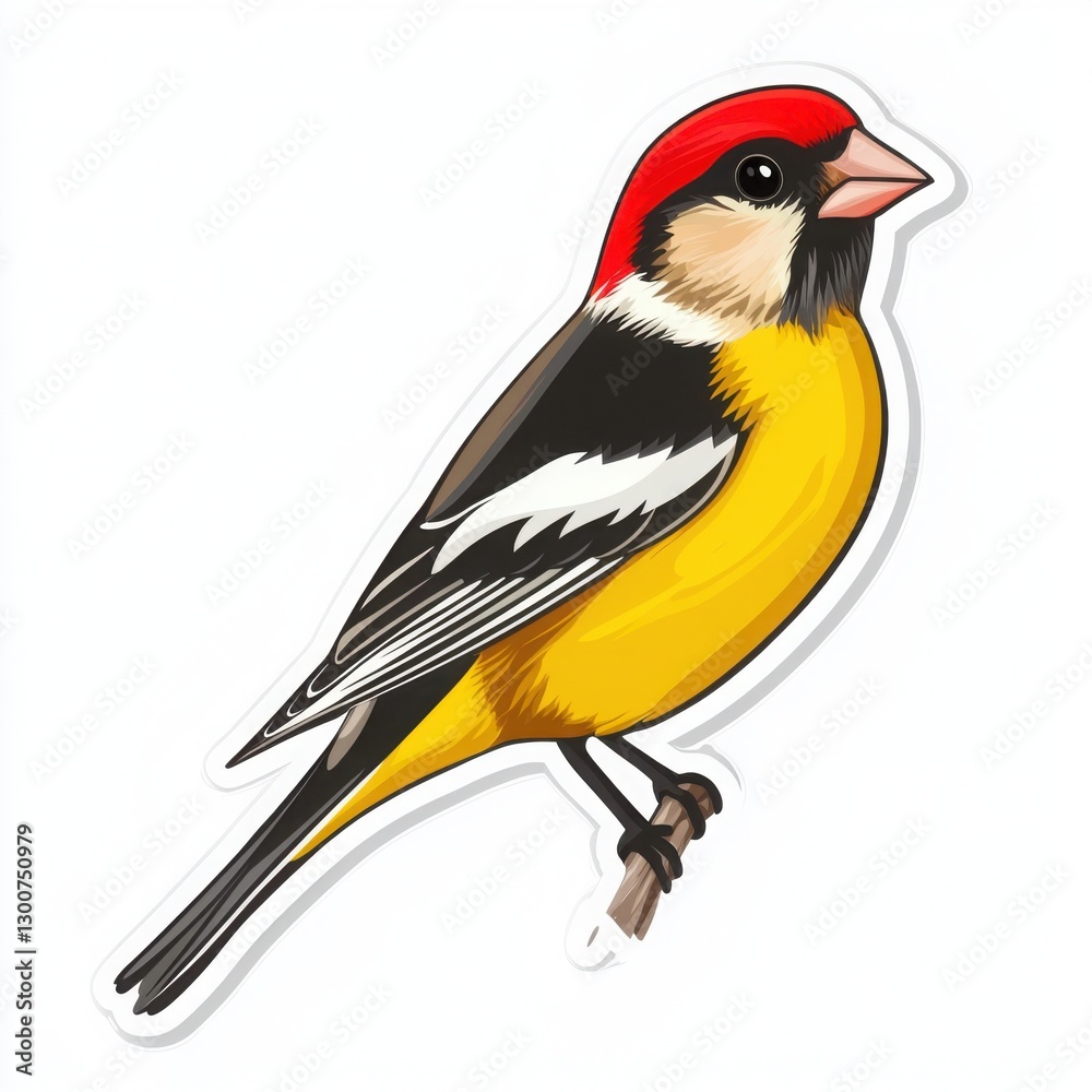 Naklejka premium Vibrant illustration of a small bird with a striking red head, black and white wings, and a bright yellow body. A perched beauty.