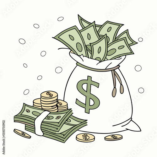 Money Bag with Dollar Sign, Cash, and Coins – Financial Wealth and Currency Concept Illustration