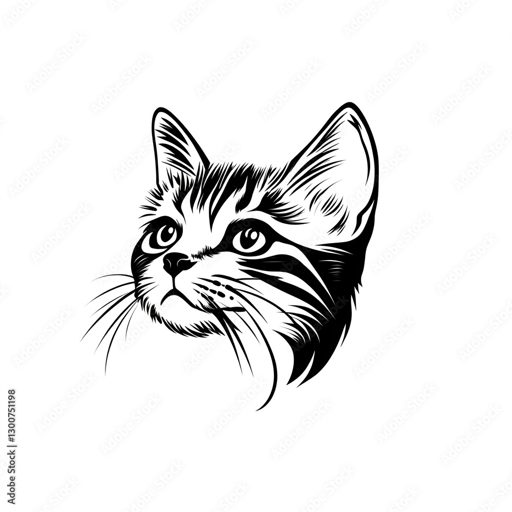 Obraz premium Elegant Line Art Kitten: A Minimalist Design Featuring a Cute Kitten's Head, Looking Upwards