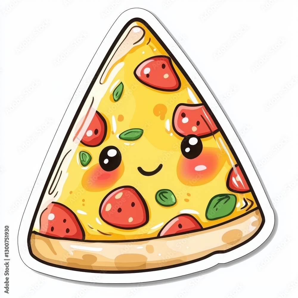 Adorable cartoon pizza slice with a smiling face. Perfect for kids' menus, stickers, or fun food illustrations! Adorable cartoon pizza slice with a smiling face. Perfect for kids' menus, stickers, or fun food illustrations!