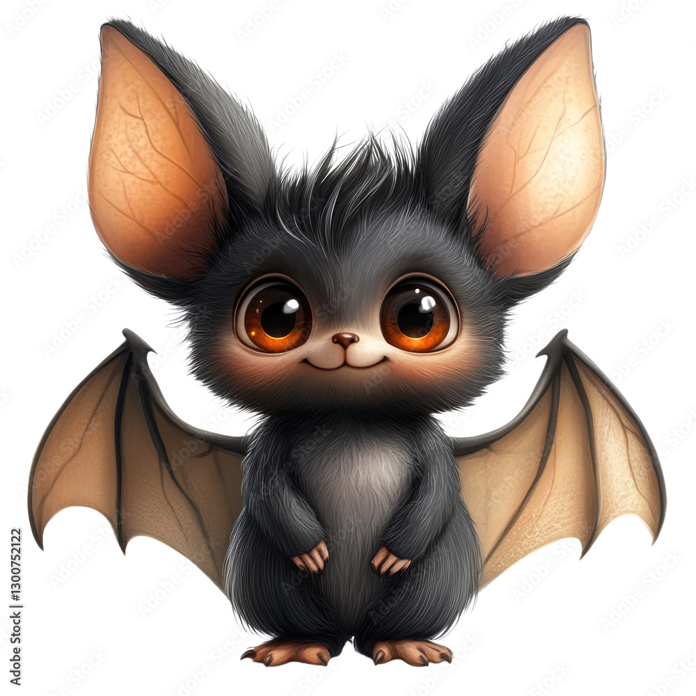 Fototapeta premium Cute cartoon bat character standing with big ears and sparkling eyes isolated on transparent background, PNG
