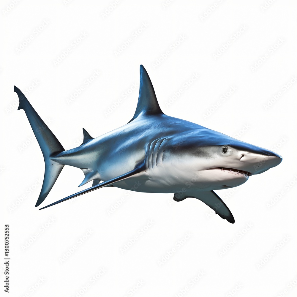 Obraz premium Realistic Shark with Prominent Dorsal Fin Isolated on White Background.