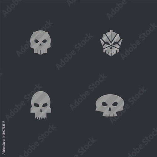 Set Of Four Cartoon Parted Circle Wide Skulls Metallic Icon Logo Design Element Deadly Scary Vector Isolated On Black