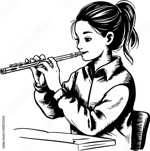 Young musician playing flute home studio illustration cozy environment close-up view passion for music