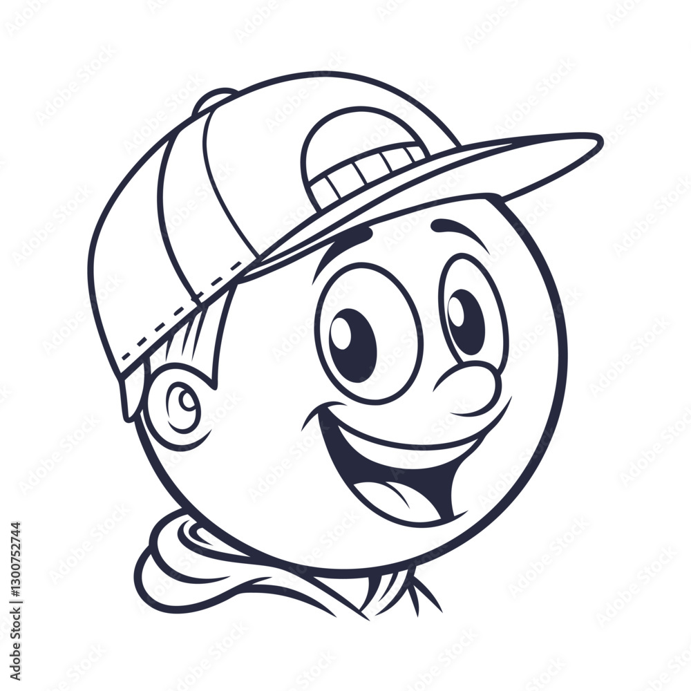 Smiling Cartoon Face Wearing a Backward Baseball Cap – Fun and Expressive Black-and-White Character Illustration Smiling Cartoon Face Wearing a Backward Baseball Cap – Fun and Expressive Black-and-White Character Illustration