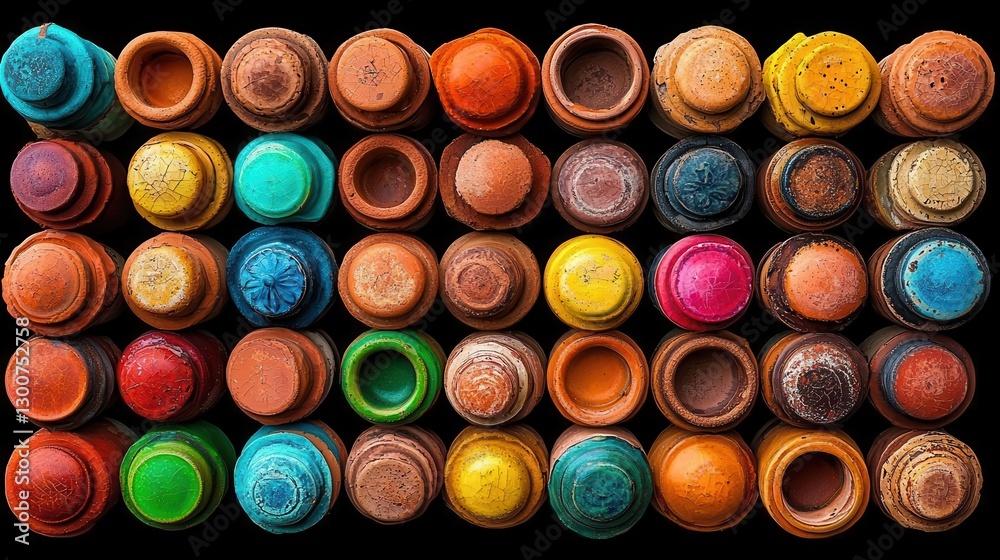 Colorful collection of art supplies arranged in a creative pattern, black background. Colorful collection of art supplies arranged in a creative pattern, black background.