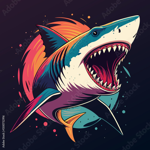 A vibrant vector illustration of a fierce shark with its large mouth wide open, showcasing sharp, menacing teeth.