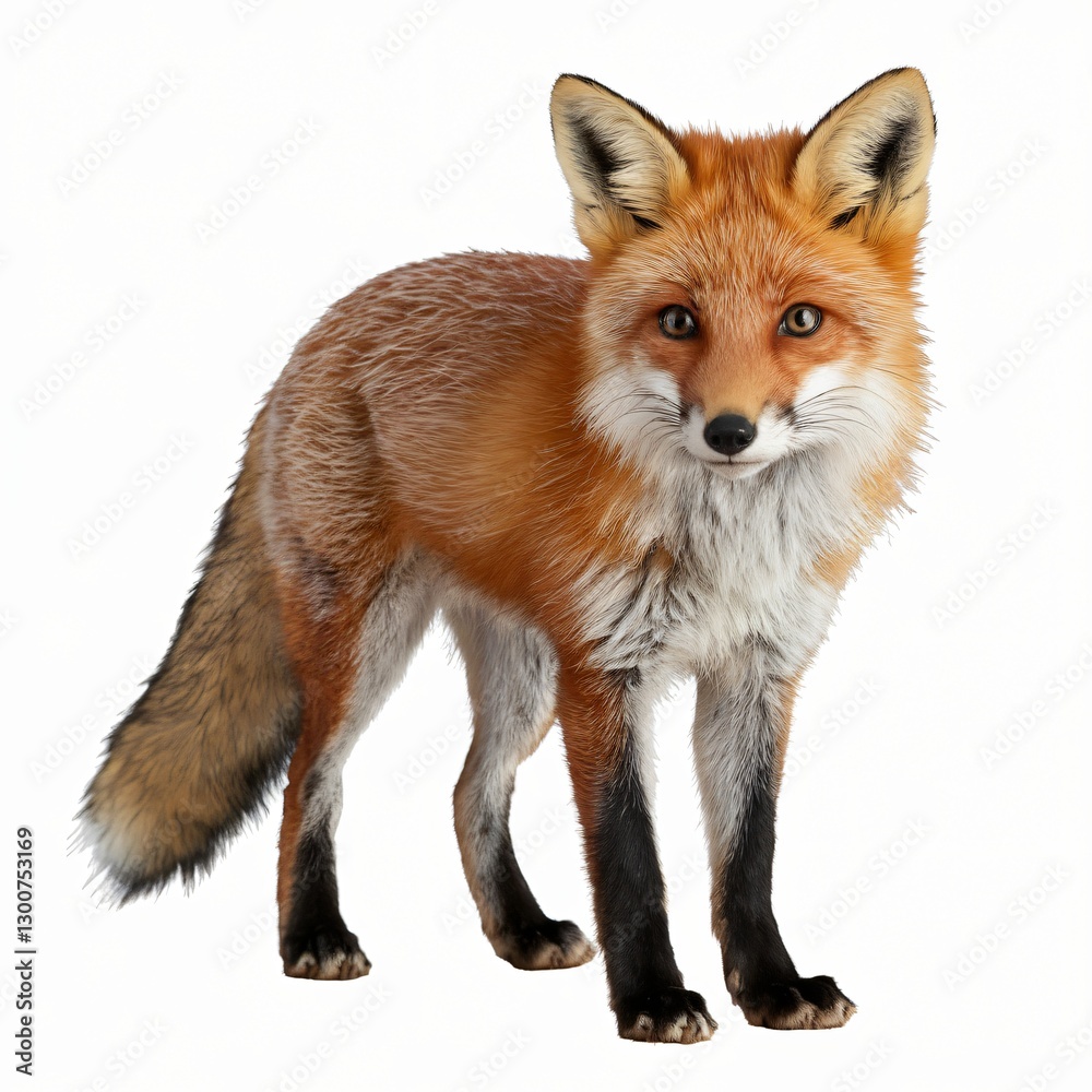 Fototapeta premium Elegant Red Fox with Bushy Tail and Reddish-Brown Fur Standing Isolated on White Background.