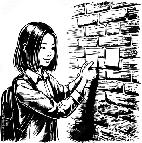 Young student engages with wall decal urban setting illustrative artwork street environment close-up perspective creativity unleashed