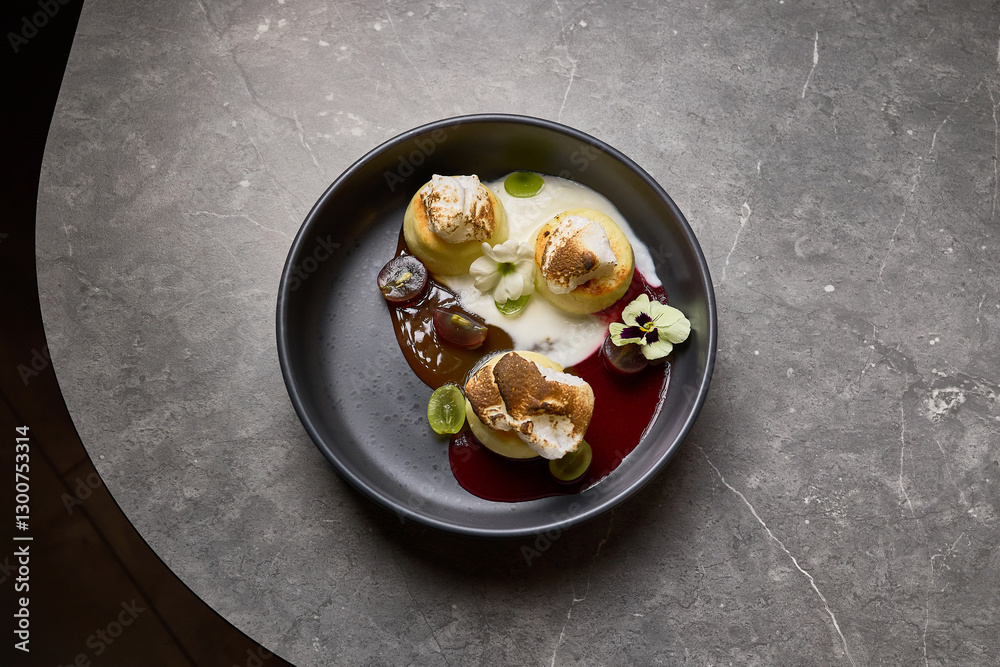 Elegant dessert with meringue, grapes, cream, garnished with flower on black plate over marble table culinary art concept
