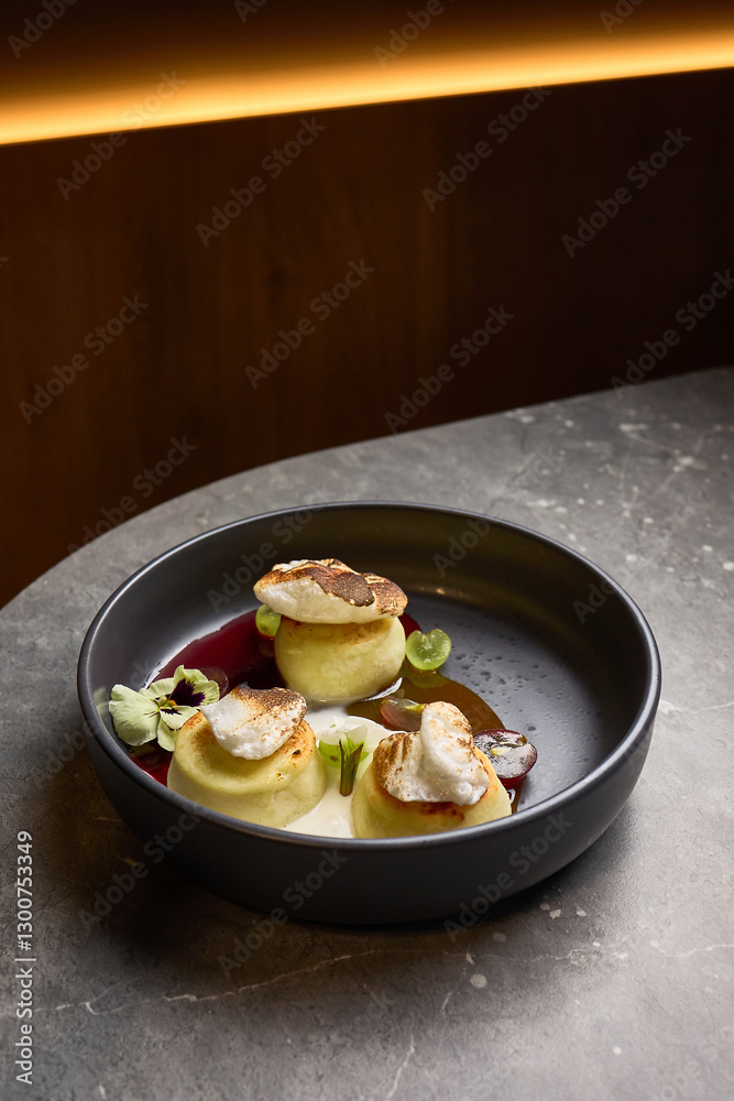 Gourmet Plate with Cheesecake Cream, Caramel Swirls, Fresh Berries on Elegant Marble Table, Dessert Aesthetic, culinary presentation concept