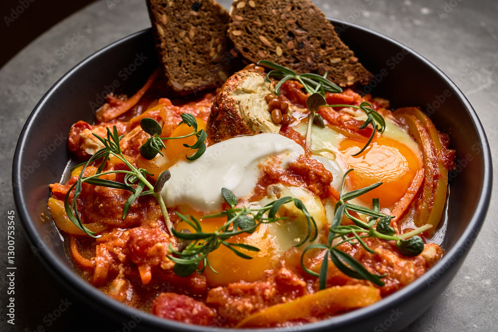 Shakshuka Dish with Poached Eggs, Spiced Tomatoes, Peppers and Fresh Herbs Served with Grainy Bread, Brunch Meal Concept