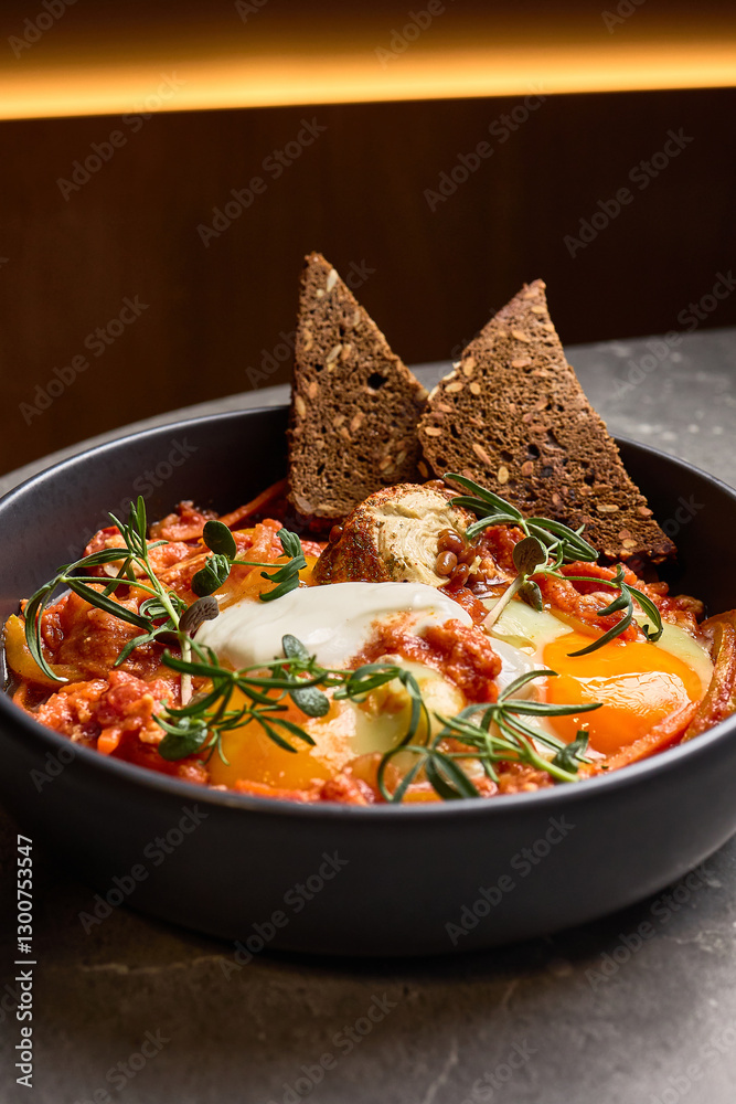 Delicious Shakshuka with Poached Eggs, Tomatoes, Herbs in Black Bowl, Served with Crispy Bread, Rustic Breakfast Concept
