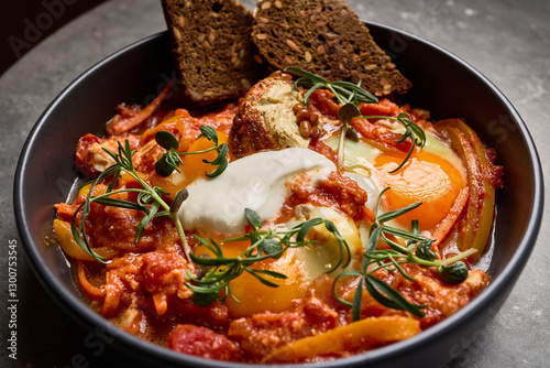 Obraz na płótnie Shakshuka Dish with Poached Eggs, Spiced Tomatoes, Peppers and Fresh Herbs Served with Grainy Bread, Brunch Meal Concept w salonie