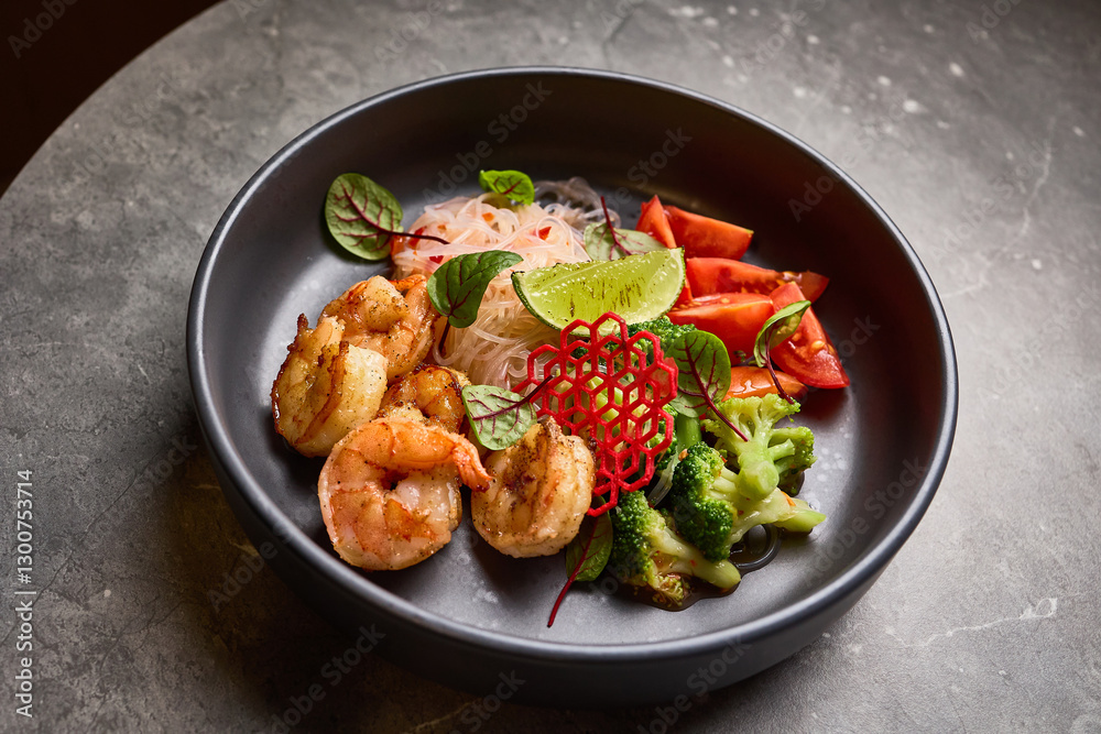 Gourmet shrimp salad with fresh vegetables garnished with lime and herbs on black plate Asian cuisine concept