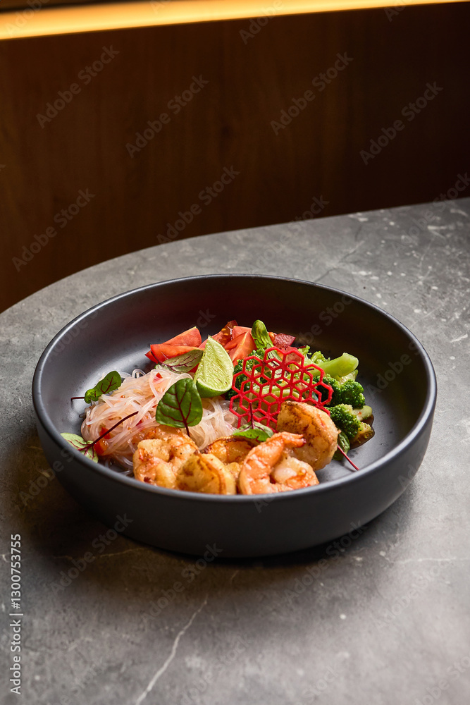 Delicious shrimp with fresh lime, vibrant vegetables, rice noodles served in a stylish black bowl on grey stone table, Asian cuisine concept