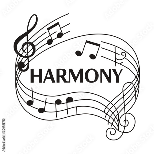 Musical Theme with the Word "HARMONY" Surrounded by Notes and Treble Clef – Flowing and Rhythmic Sound Concept Illustration