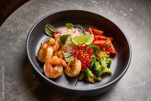 Gourmet shrimp salad with fresh vegetables garnished with lime and herbs on black plate Asian cuisine concept