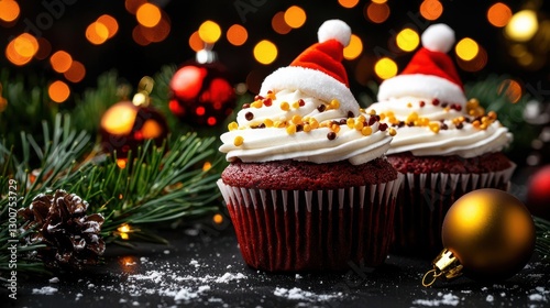 Festive red velvet cupcakes with Santa hats on a dark holiday background.